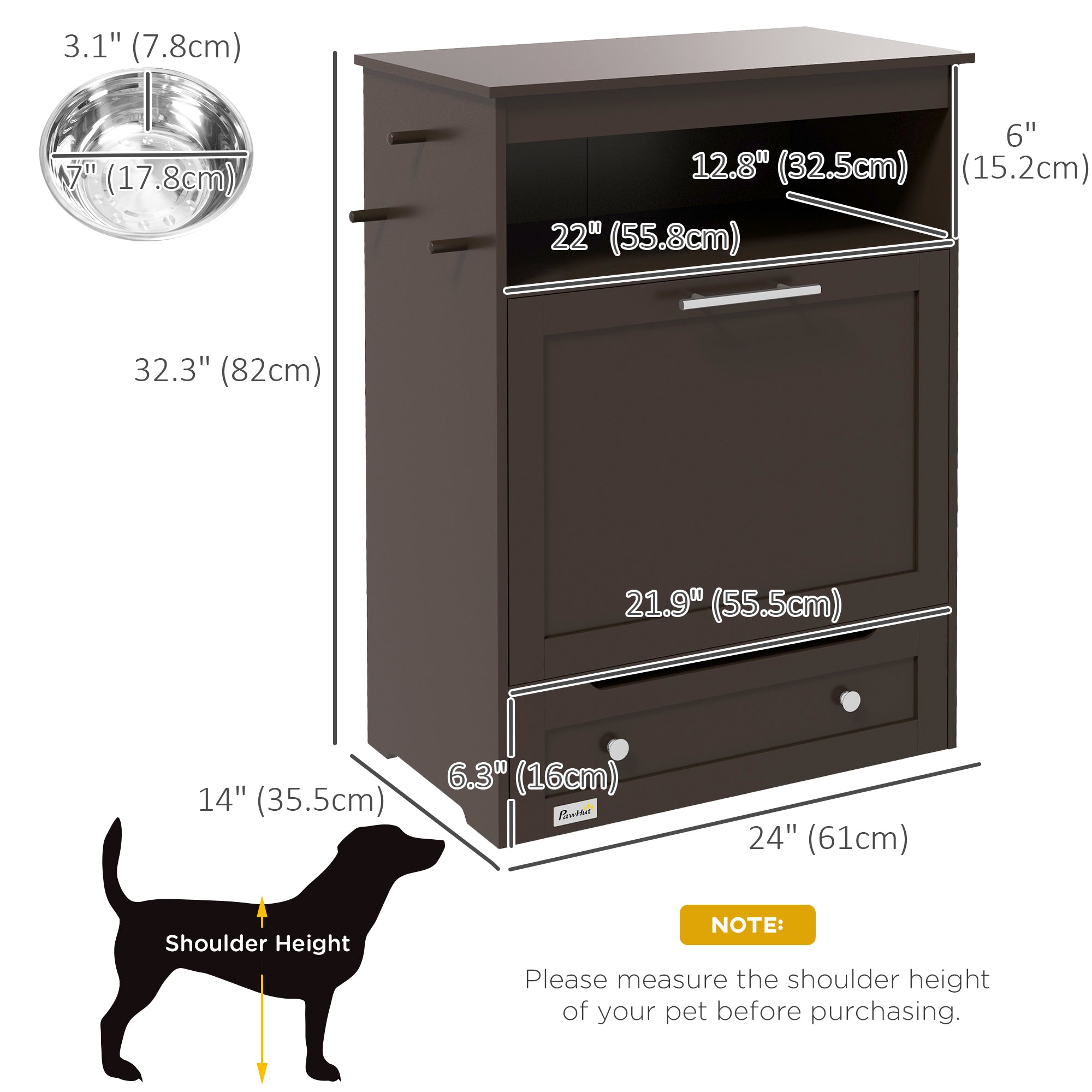 PawHut Pet Feeder Station Storage Cabinet, Dog Food Storage Container with Dog Raised Bowls, Watering Supplies, Coffee