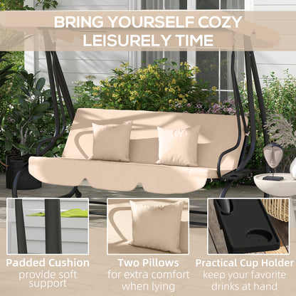 Outsunny 3-Seat Outdoor Patio Swing Chair, Converting Flat Bed, Canopy Swing with Adjustable Shade, Removable Cushions, Cup Holder, Light Brown