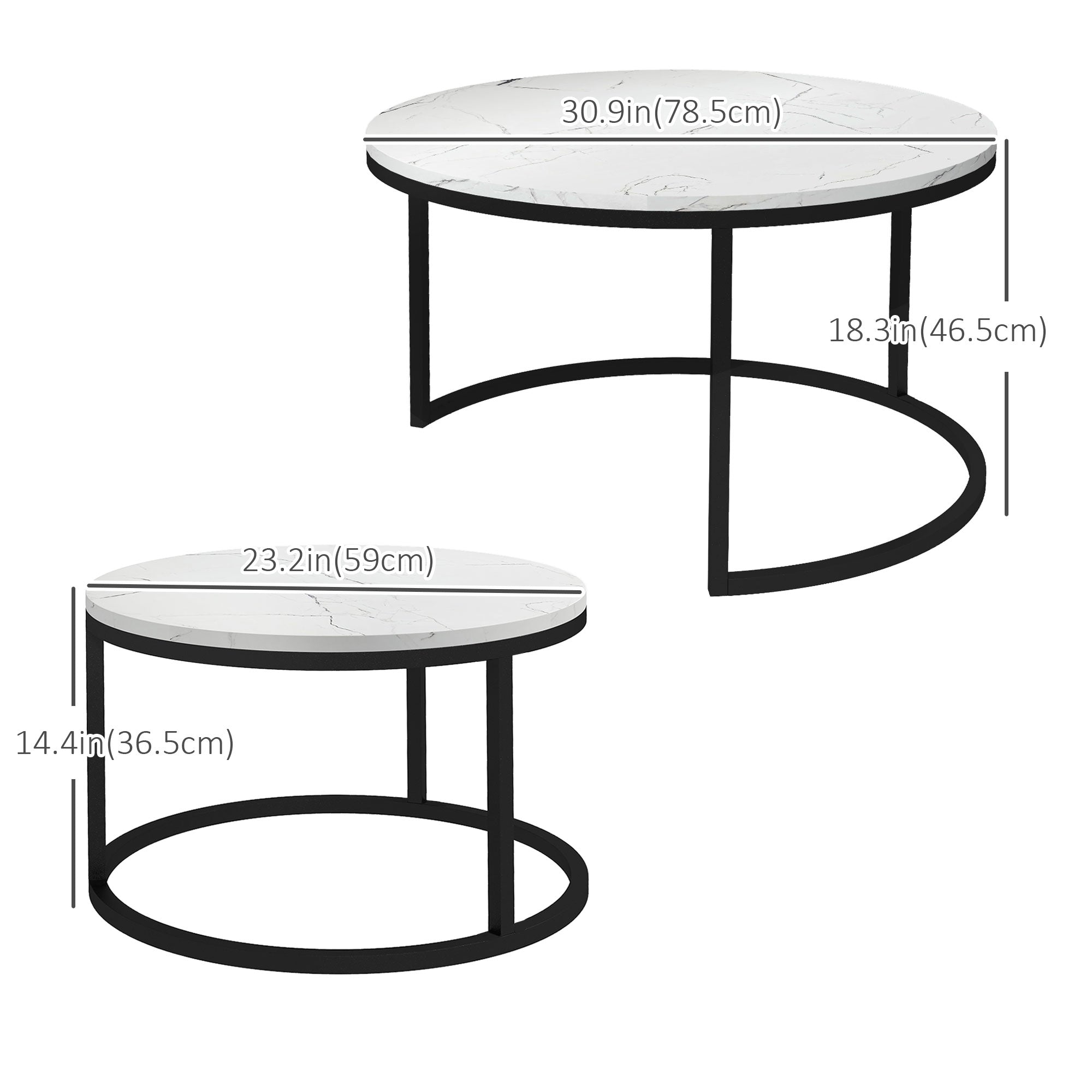 HOMCOM Modern Coffee Table Set of 2, Nesting Side Tables w/ Metal Base for Living Room Bedroom Office Faux Marbled White