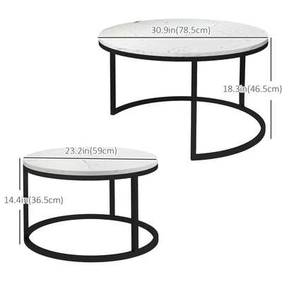 HOMCOM Modern Coffee Table Set of 2, Nesting Side Tables w/ Metal Base for Living Room Bedroom Office Faux Marbled White