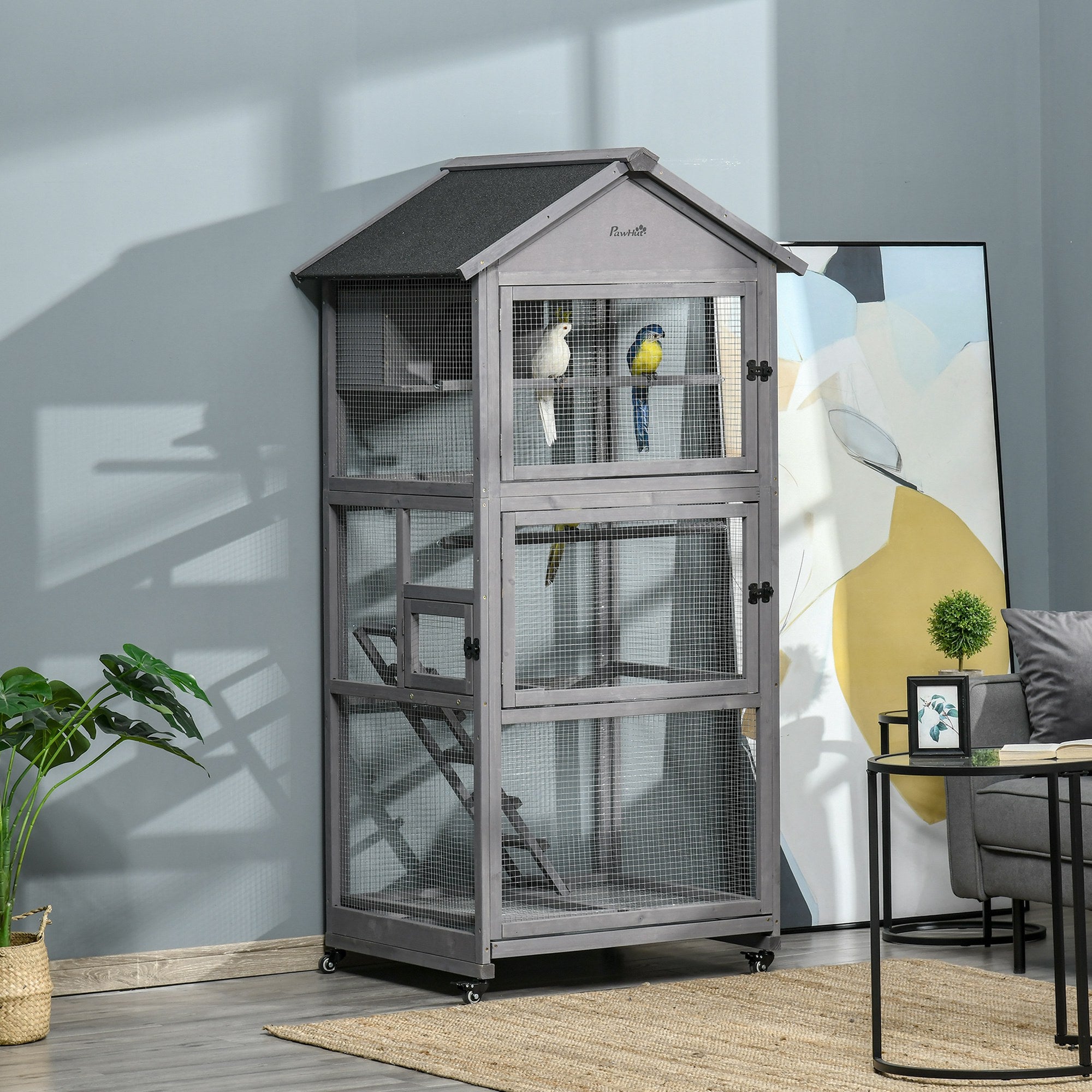 PawHut 71" Bird Cage Large Mobile Wooden Aviary for Canary Cockatiel with Wheel Perch Nest Ladder Slide-out Tray for Indoor Outdoor Dark Grey