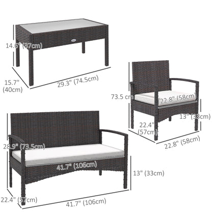 Outsunny 4 Pieces Patio Furniture Set with Loveseat Sofa, Armchairs, Glass Table, Outdoor Wicker Conversation Sofa Set, White