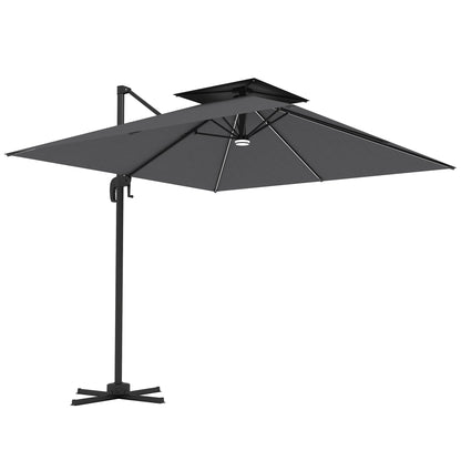 Outsunny 8' Cantilever Patio Umbrella with LED Lights, 360°Rotation, Tilt & Height Adjustment, Crank, Cross Base, Dark Grey