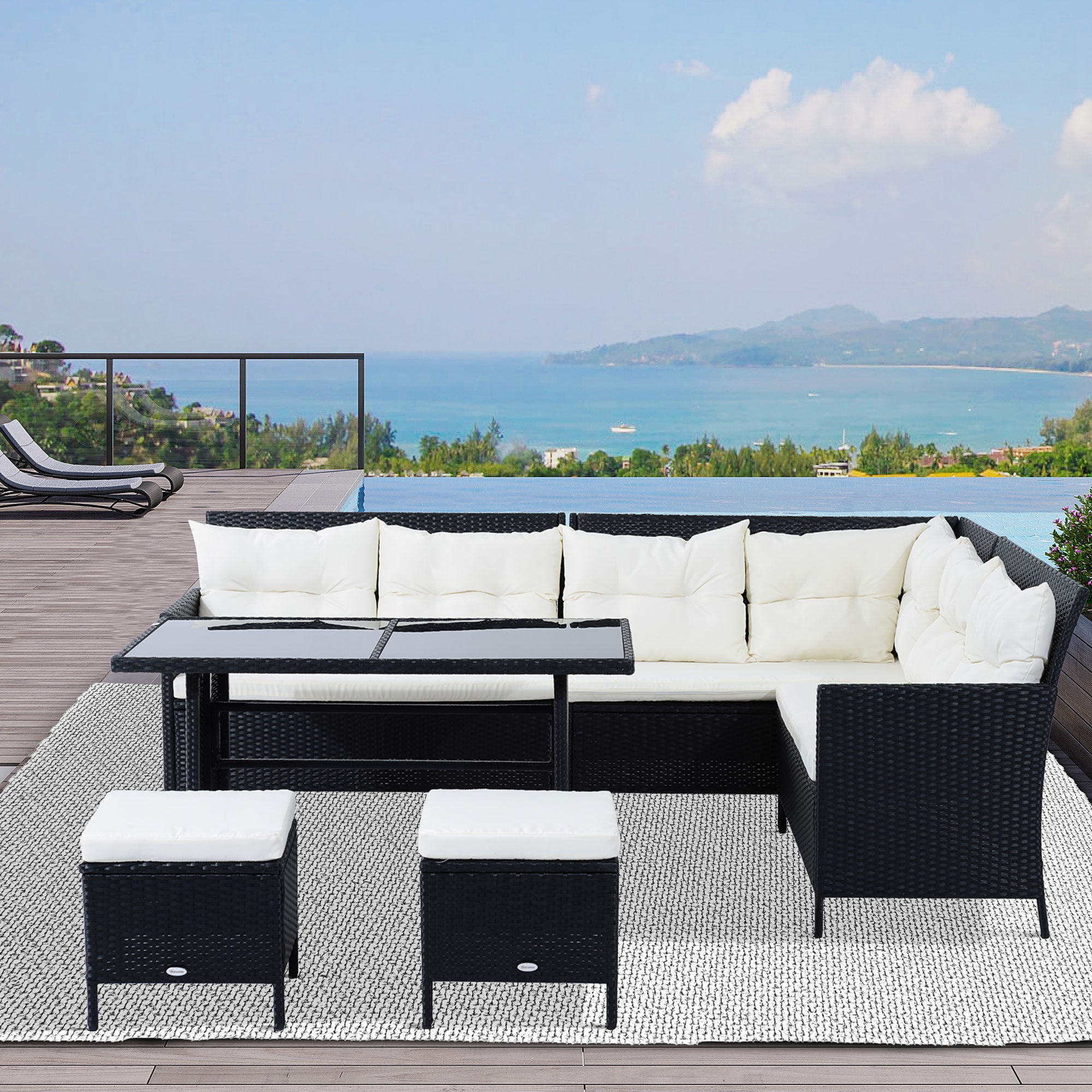 Outsunny 6pcs Outdoor Rattan Sofa Set Garden Wicker Sectional Couch Furniture Set with Dining Table and Chair White