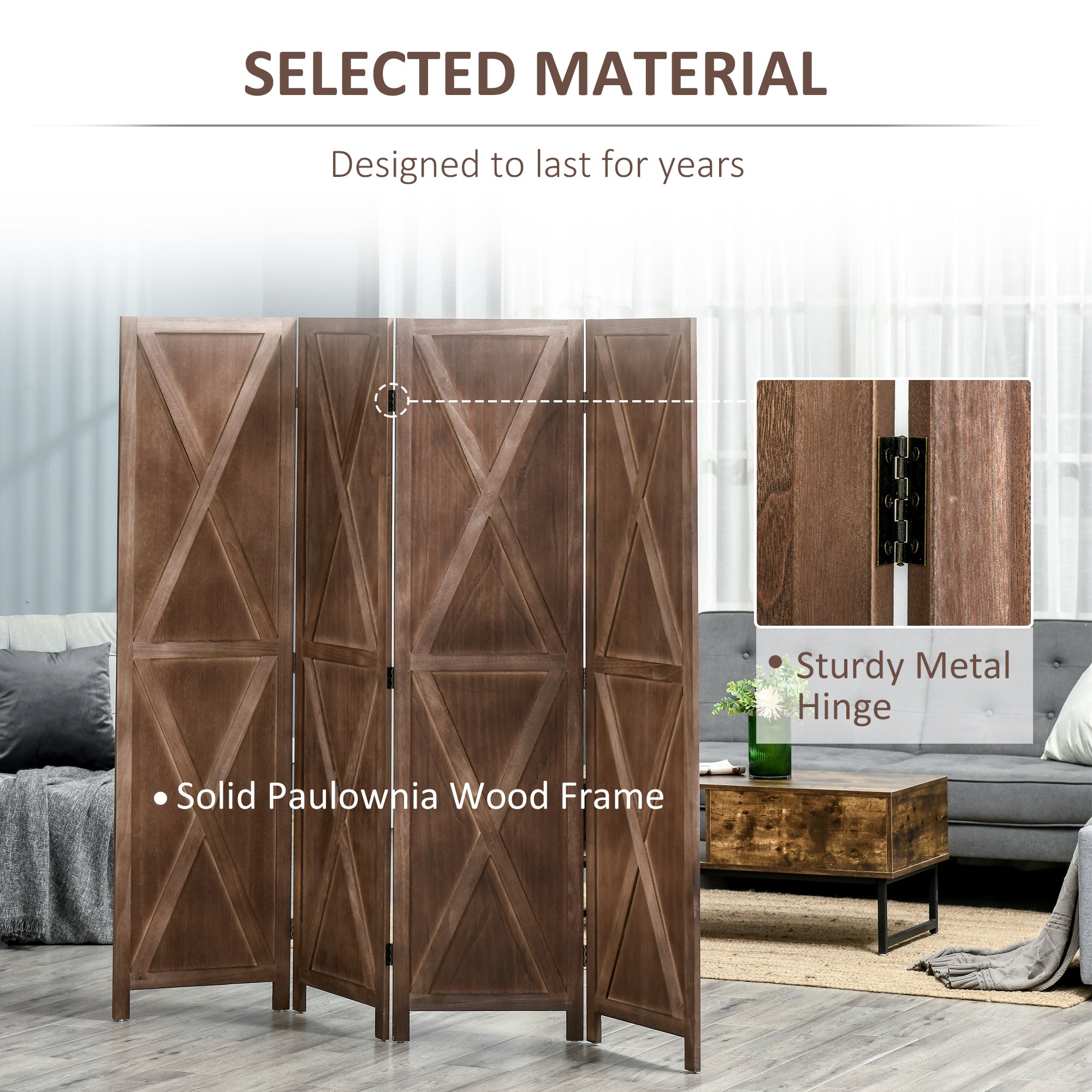 HOMCOM 4-panel Wall Partition Farmhouse Room Separator with Foldable Design Wooden Frame 5.6FT, Walnut