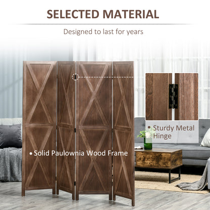 HOMCOM 4-panel Wall Partition Farmhouse Room Separator with Foldable Design Wooden Frame 5.6FT, Walnut