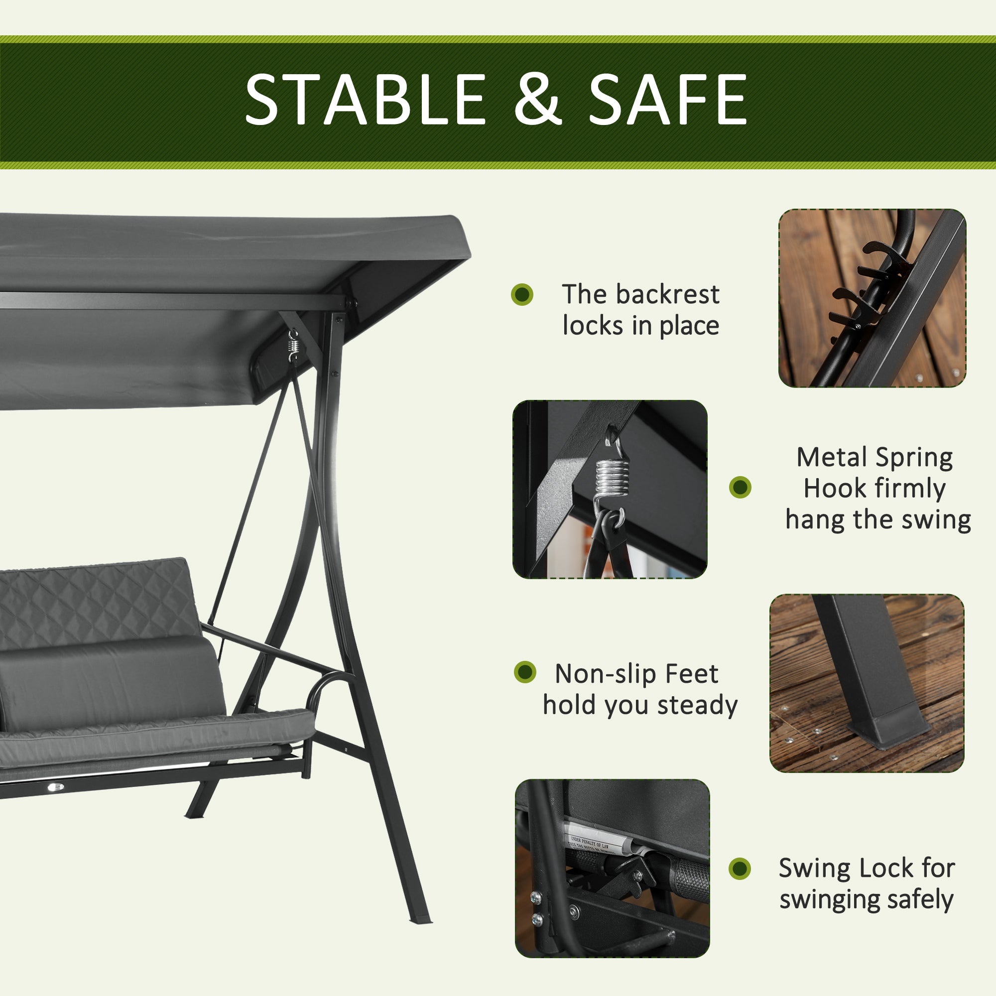 Outsunny 3 Person Porch Swing Bench with Adjustable Canopy, Cushions, Pillows for Porch and Backyard, Dark Grey