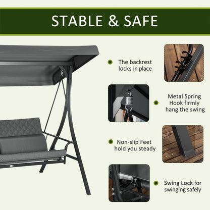 Outsunny 3 Person Porch Swing Bench with Adjustable Canopy, Cushions, Pillows for Porch and Backyard, Dark Grey