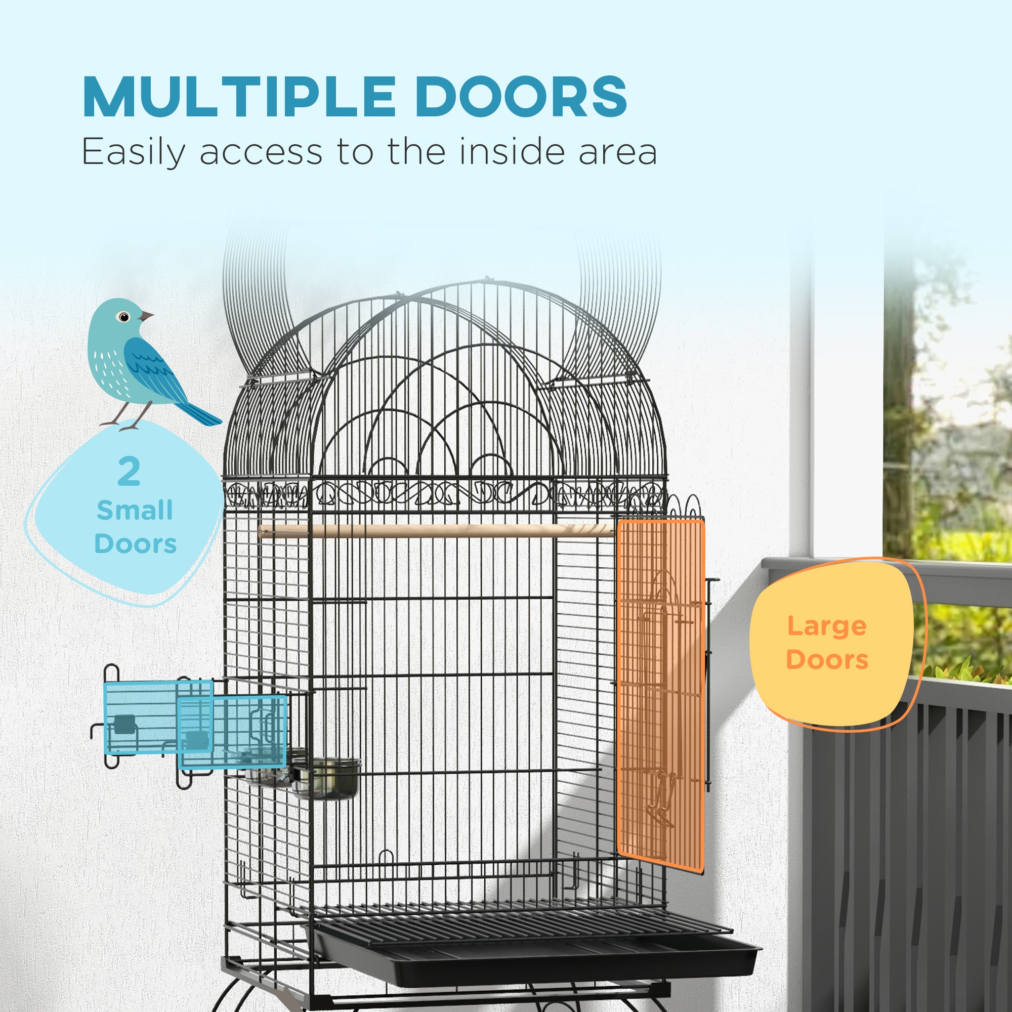 PawHut Play Open Top Bird Cage 60" Parrot Cage for Cockatiel, Sun Conure with Rolling Stand, Removable Tray, Perches, Storage Shelf Black, 20.1" x 20.1"