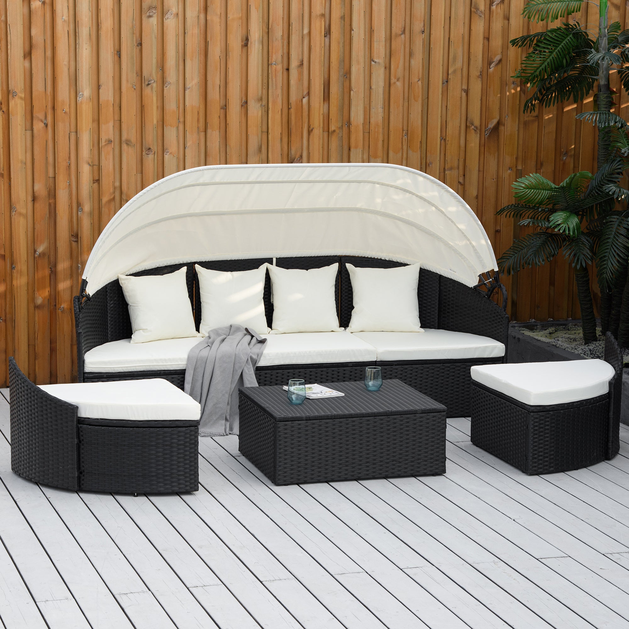 Outsunny 4 Pieces Patio PE Wicker Round Daybed, Outdoor Rattan Garden Lounge Furniture Sets, Cream
