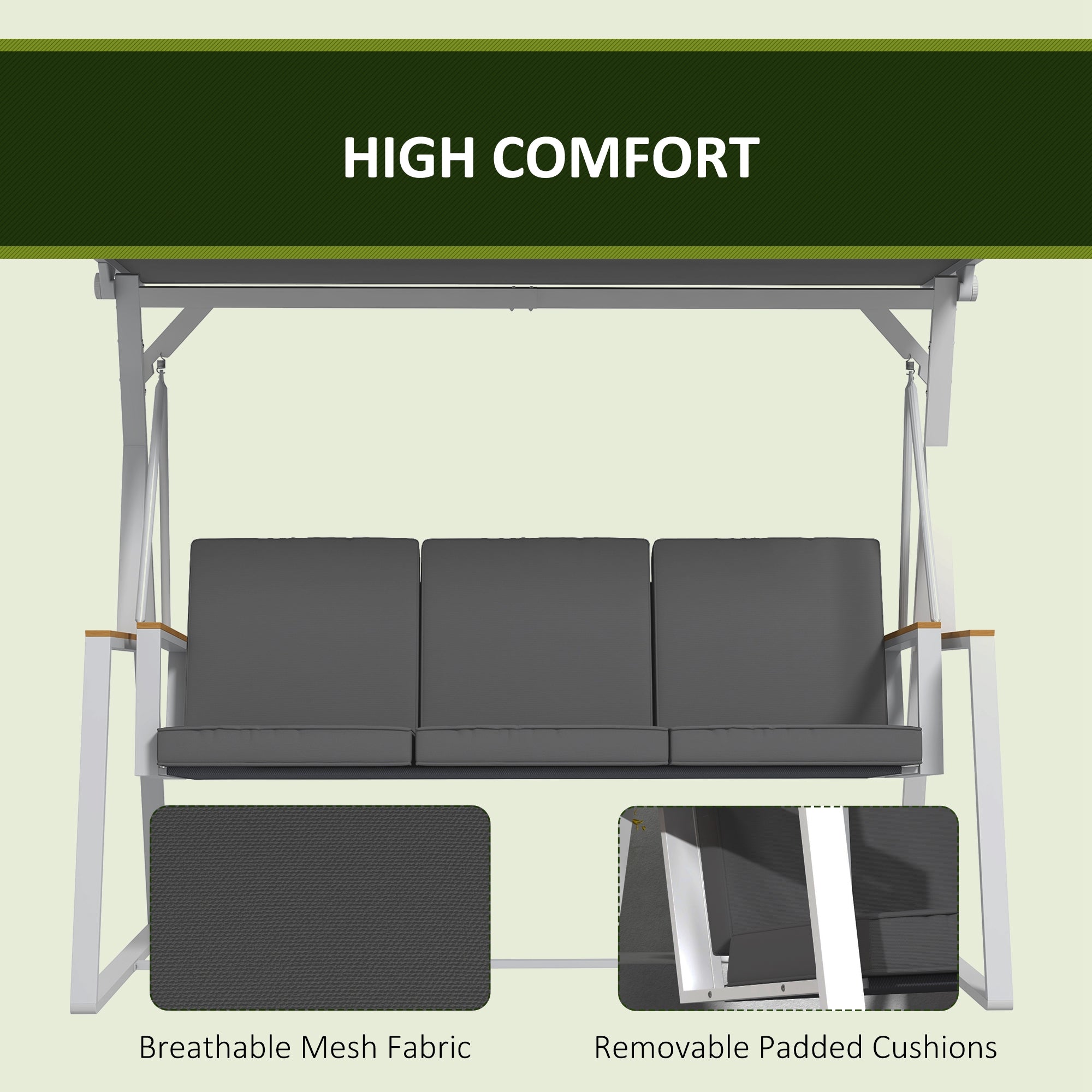 Outsunny 3-Seat Outdoor Porch Swing Outdoor Patio Swing with Adjustable Canopy, Removable Cushion for Garden, Poolside, Grey