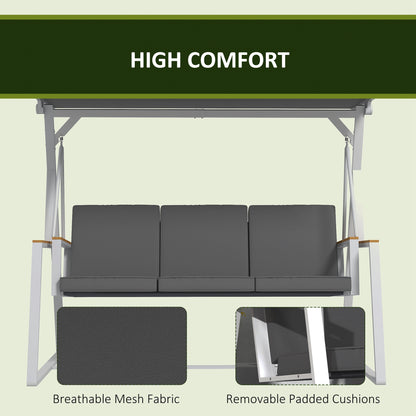 Outsunny 3-Seat Outdoor Porch Swing Outdoor Patio Swing with Adjustable Canopy, Removable Cushion for Garden, Poolside, Grey