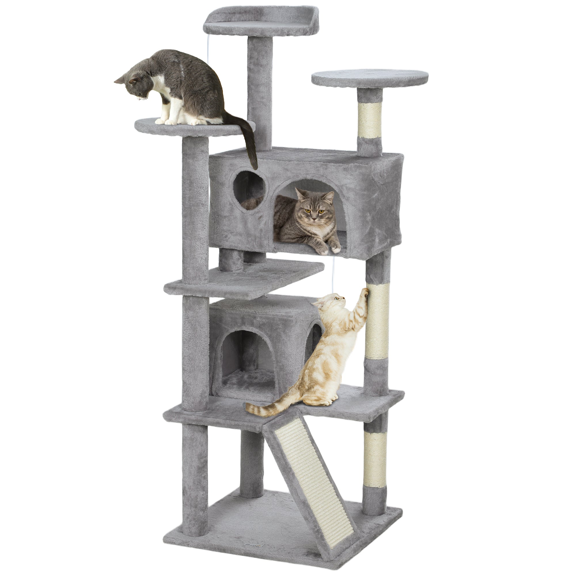 PawHut 54" Cat Tree, Multi-Level Cat Tower with Scratching Posts, Cat Condos, Bed, Platforms, Ramp, Toy Ball, Light Grey