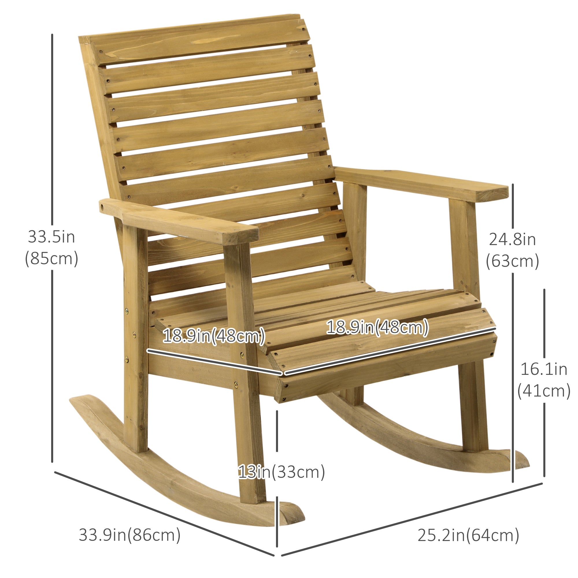Outsunny Wooden Outdoor Rocking Chair, Patio Traditional Rocking Chair, Slatted Structure Porch Rocker w/ Armrest for Both Outdoor and Indoor, Light Brown