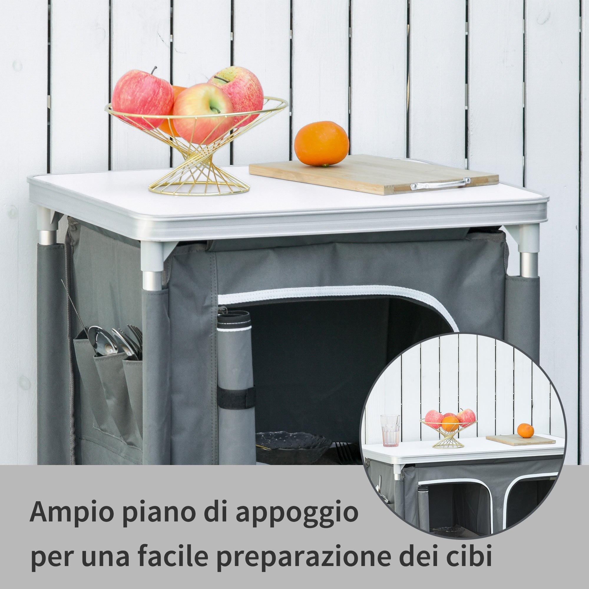 Outsunny Camping Kitchen Station, Aluminum Camping Table Cook Cupboard with 2-Shelf and Carrying Bag for BBQ Party Picnics, Grey