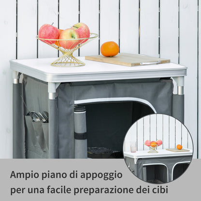 Outsunny Camping Kitchen Station, Aluminum Camping Table Cook Cupboard with 2-Shelf and Carrying Bag for BBQ Party Picnics, Grey