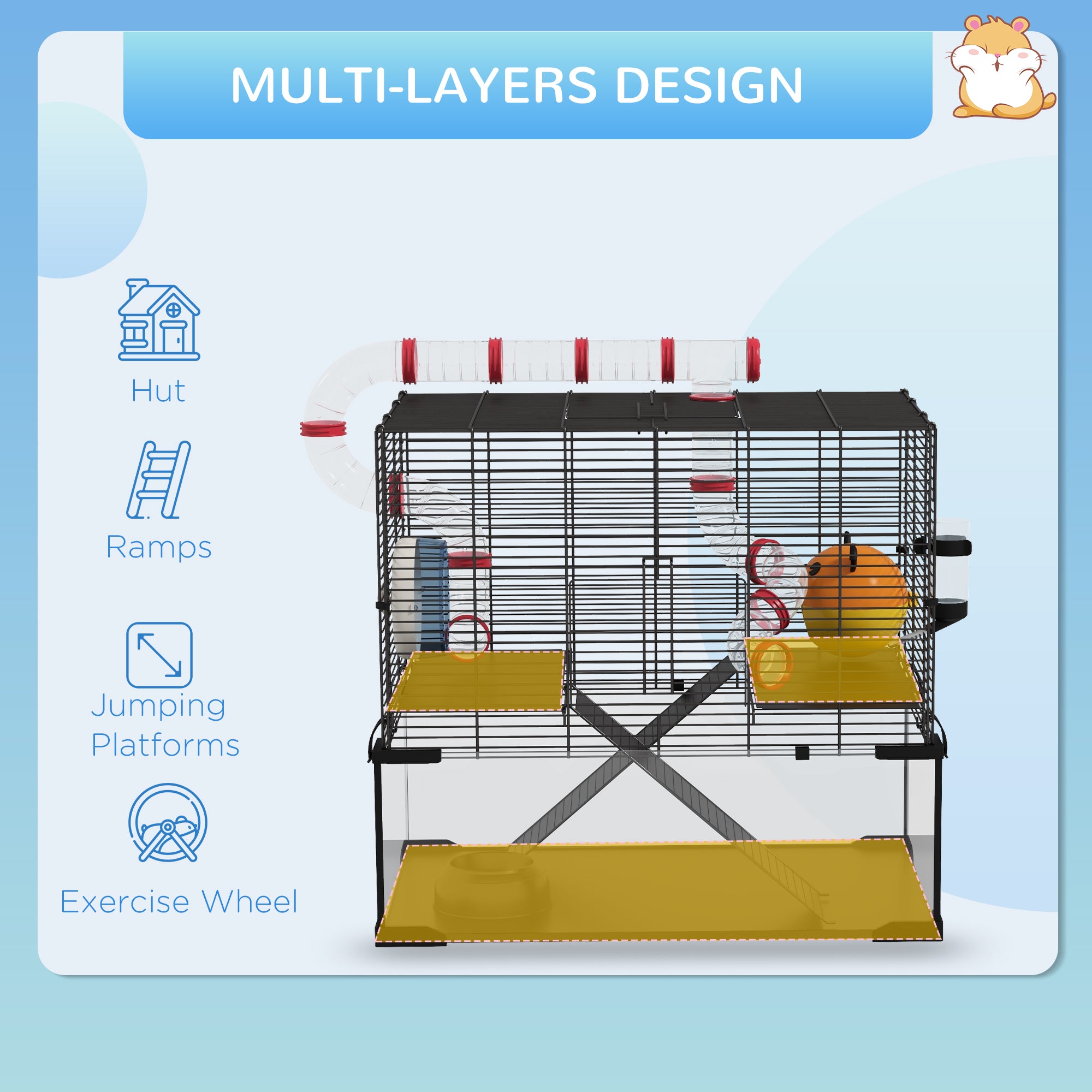 PawHut Hamster Cage with Deep Glass Bottom, Tunnel Tube System, Platforms, Hut, Exercise Wheel, Water Bottle, 24" x 16" x 22"