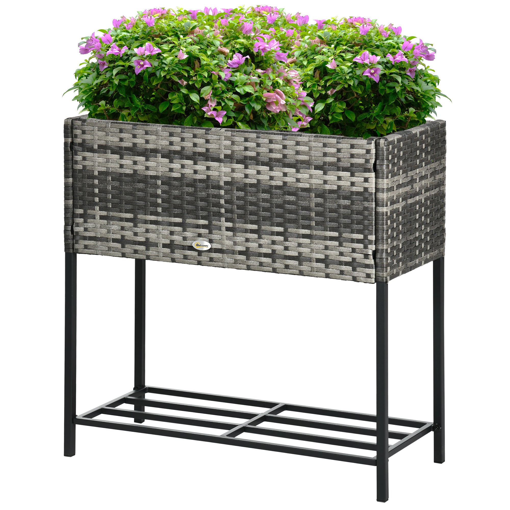 Outsunny Rattan Raised Garden Boxes, Elevated Flower Beds with Storage Shelf for Herbs, Flowers, Vegetables, Mixed Grey
