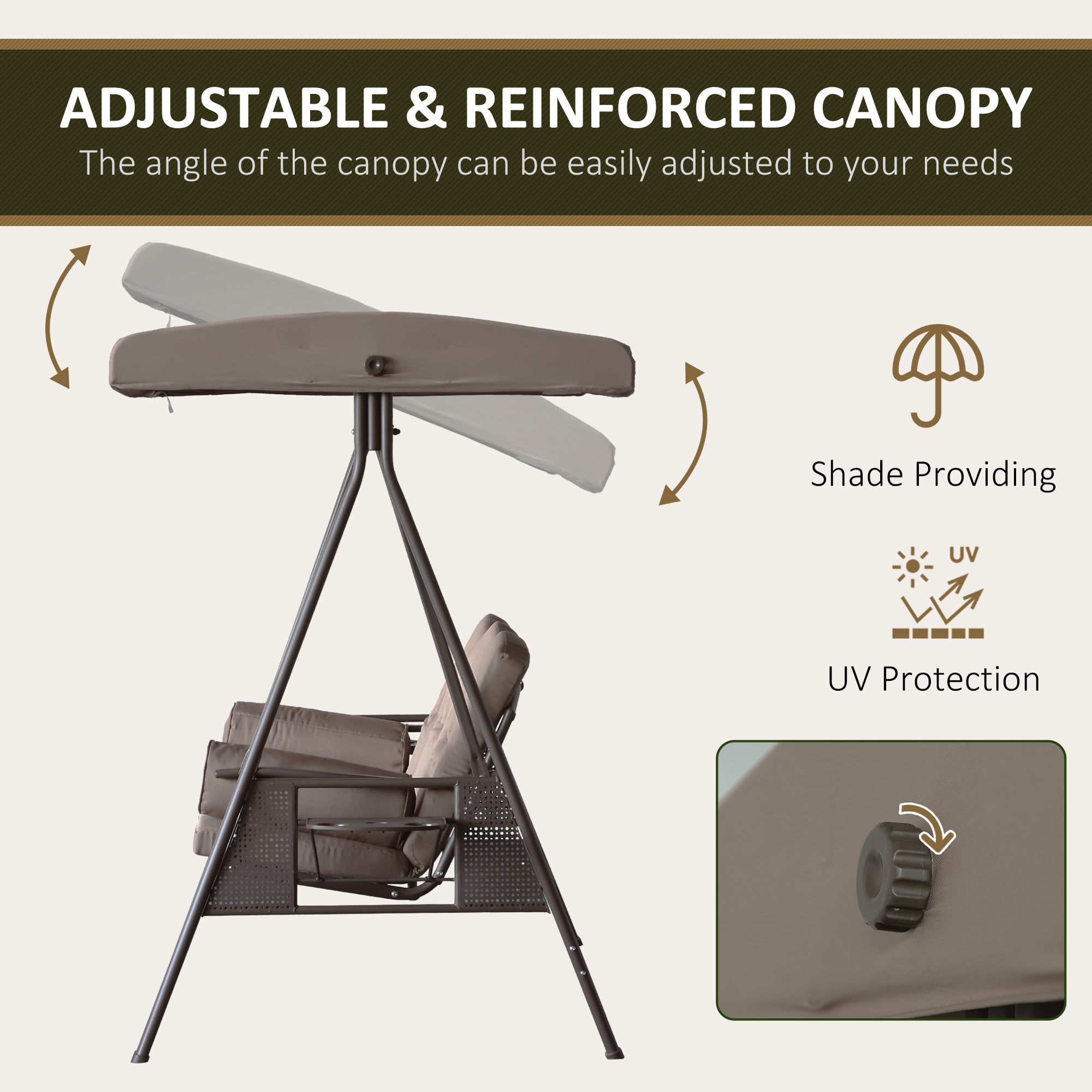 Outsunny 3 Seater Porch Swing Heavy Duty Outdoor Swing Chair Outdoor Lounge Hammock Cushioned Seat W/ Tilt Canopy, Brown