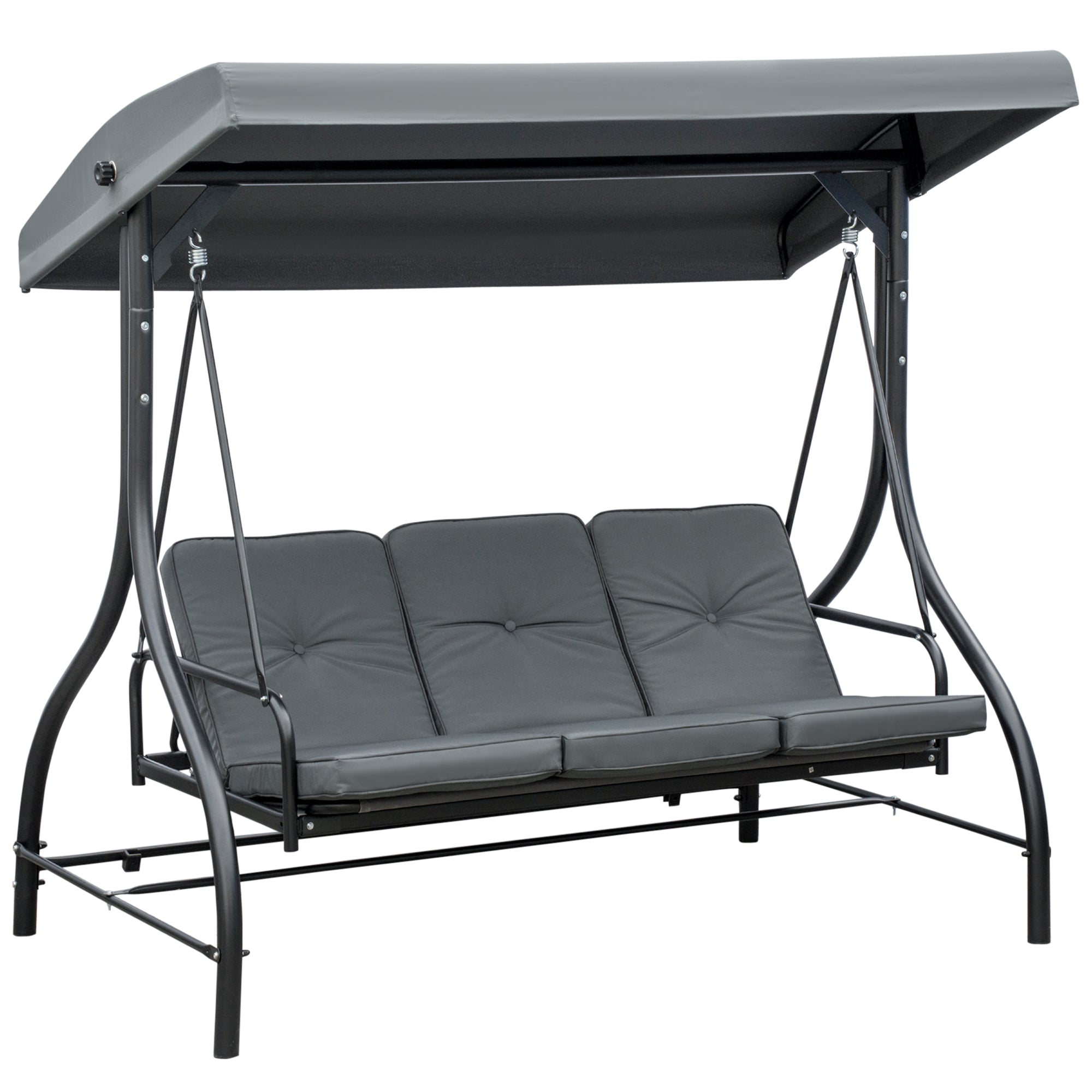 Outsunny Convertible Patio Swing Bed with Canopy and Cushions, 3 Seater Porch Swing for Outdoor, Backyard, Garden, Dark Grey