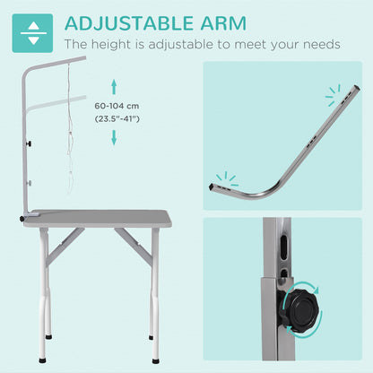 PawHut Foldable Pet Grooming Table for Dogs Cats with Adjustable Arm, Non-slip Surface, Grey