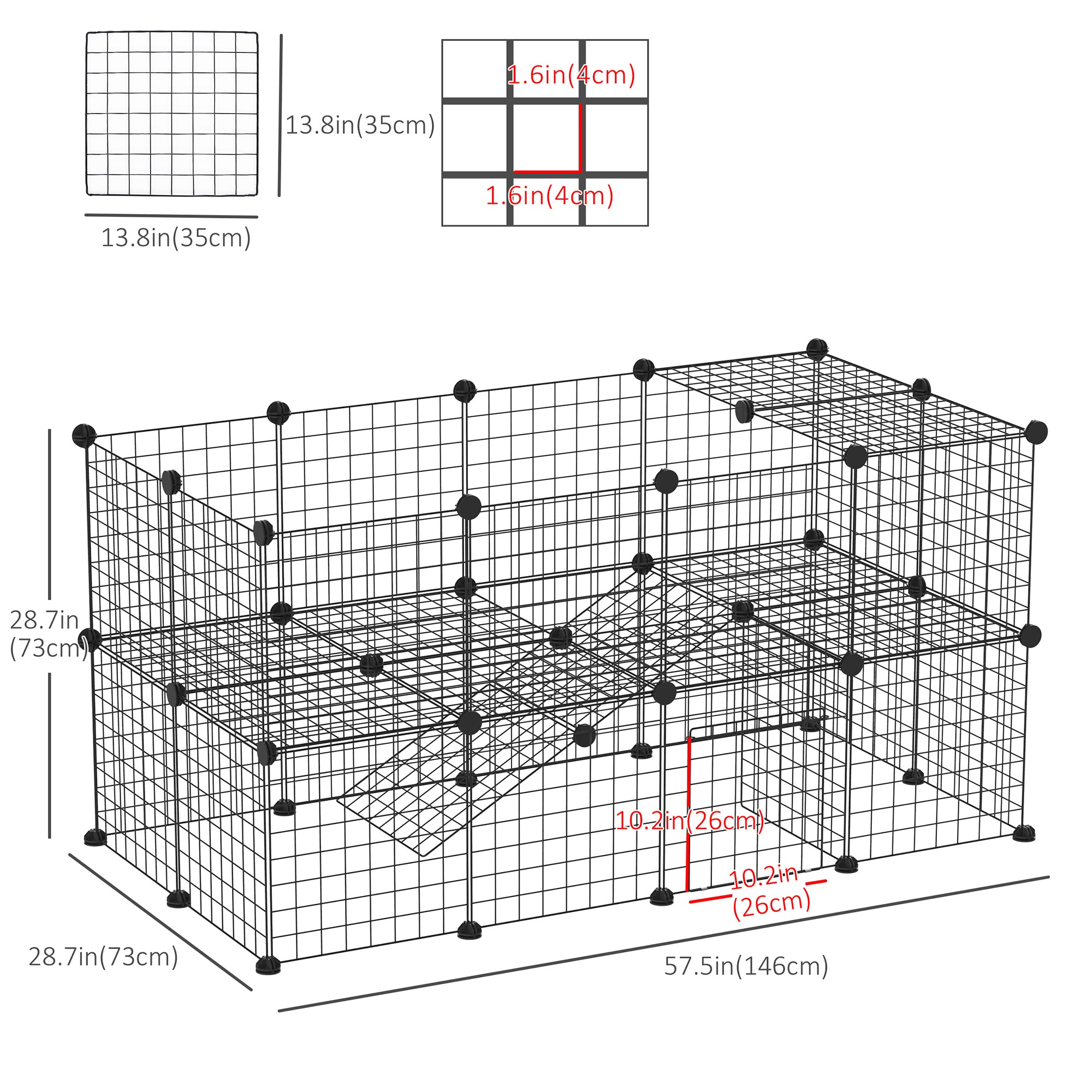 PawHut 40 Pcs Small Animal Cage Bunny Hutch Portable Metal Wire with Ramps for Kitten Chinchilla, Black