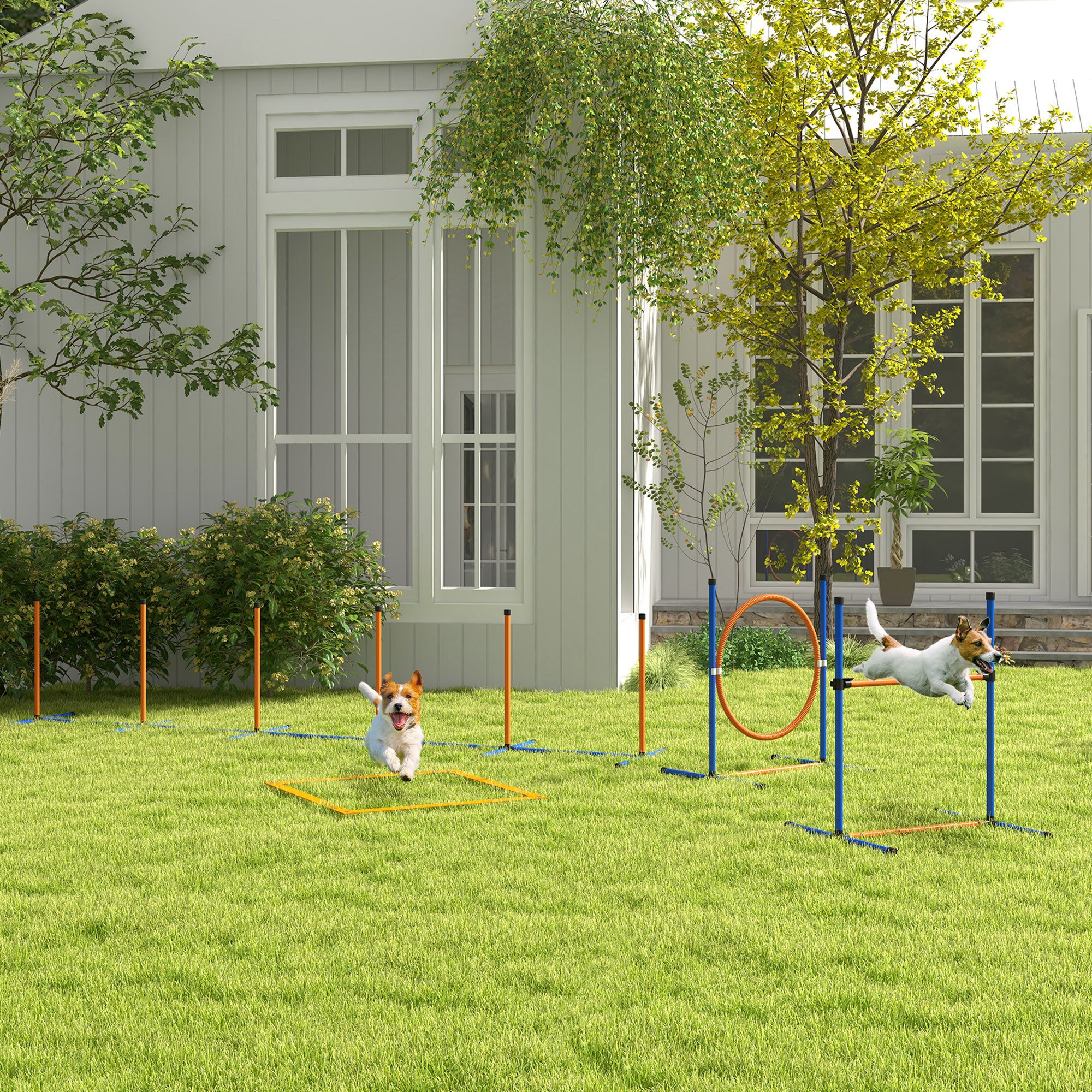PawHut Dog Agility Training Equipment w/ Weave Poles, Adjustable Hurdle, Jump Ring, Pause Box, Whistle, Balls, Carry Bag