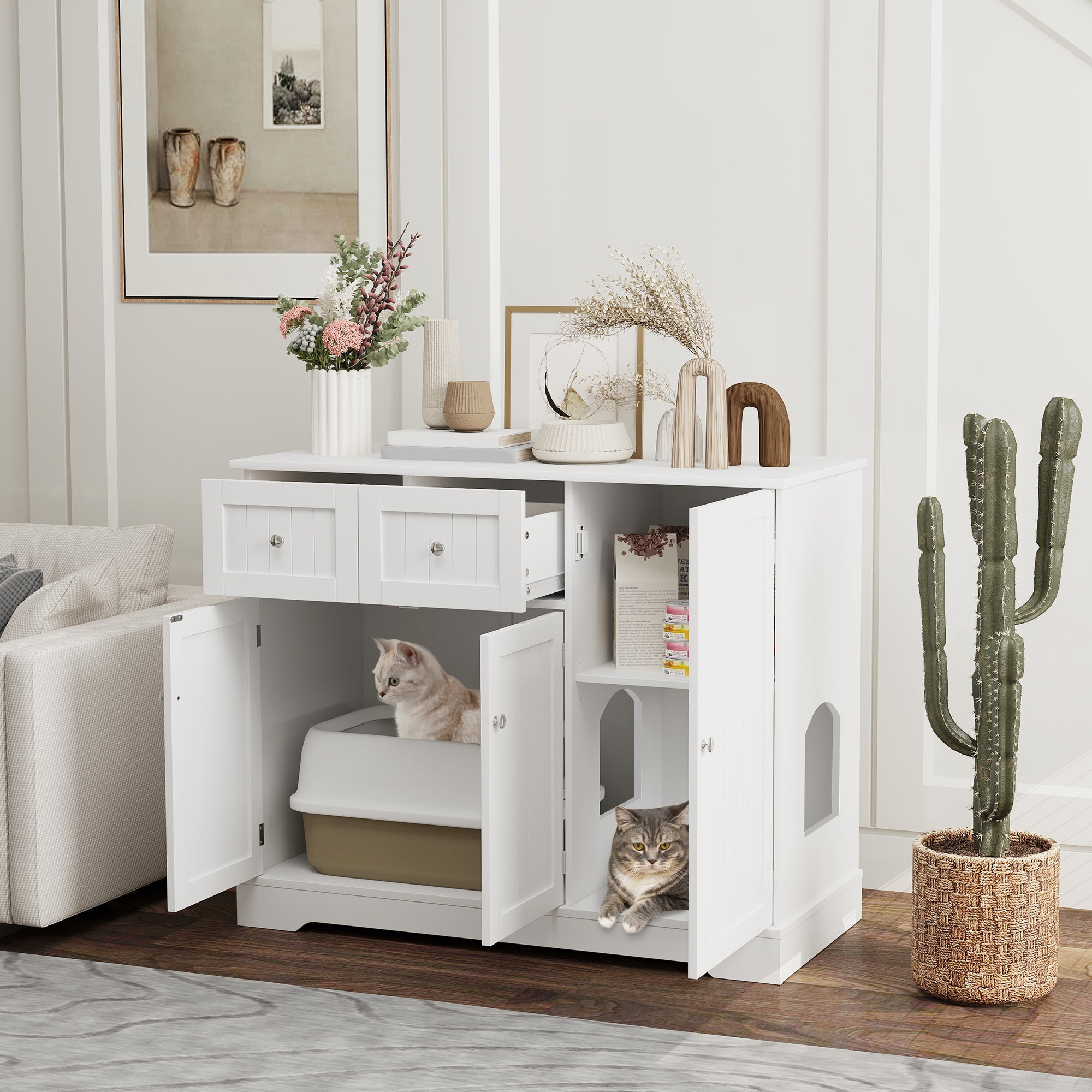 PawHut Cat Litter Box Enclosure with Drawer, Storage, Anti-tip Kit, for Living Room, Bedroom, White