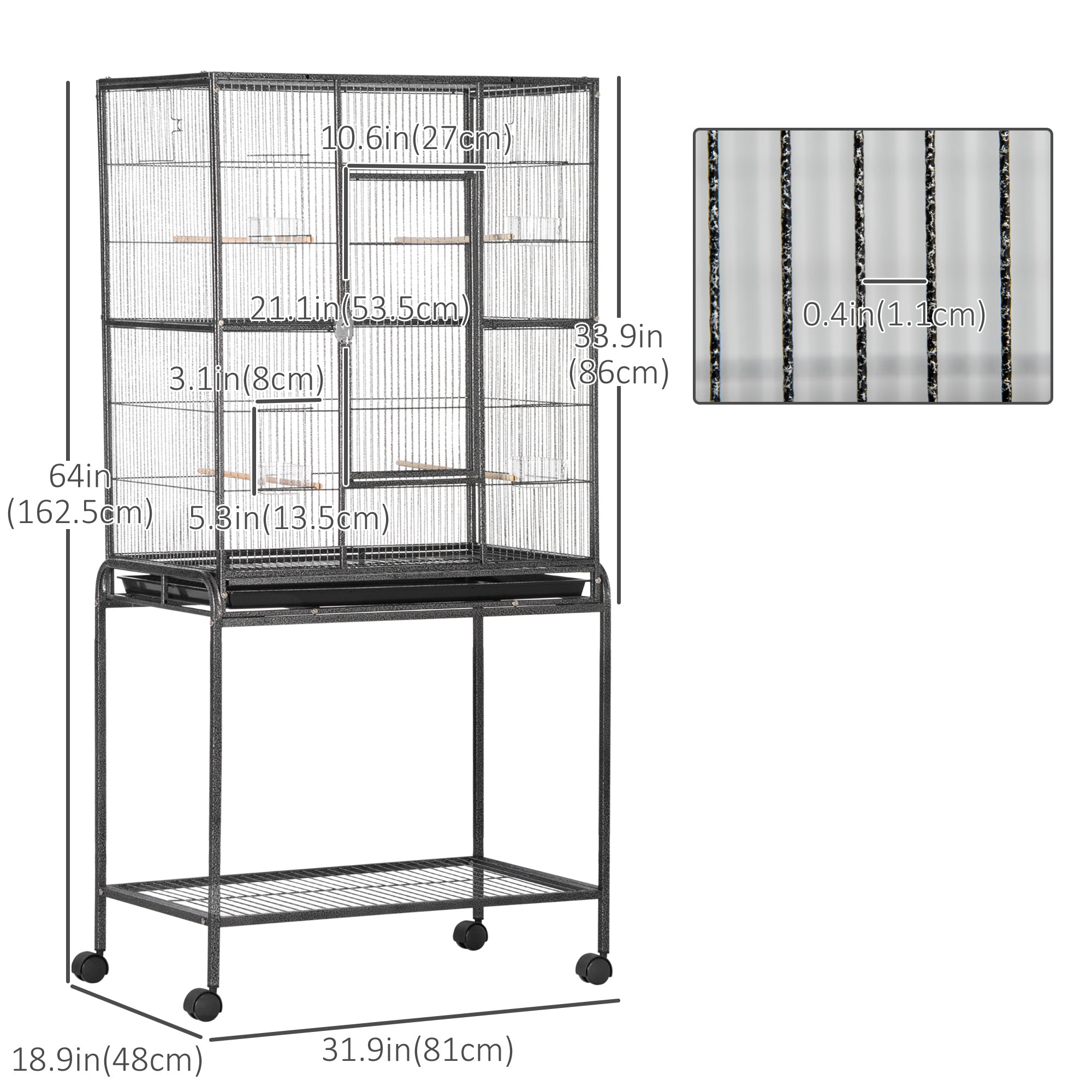 PawHut 30'' Large Rolling Metal Bird Cage Bird House with Detachable Rolling Stand, Storage Shelf, Wood Perch Food Container - Black