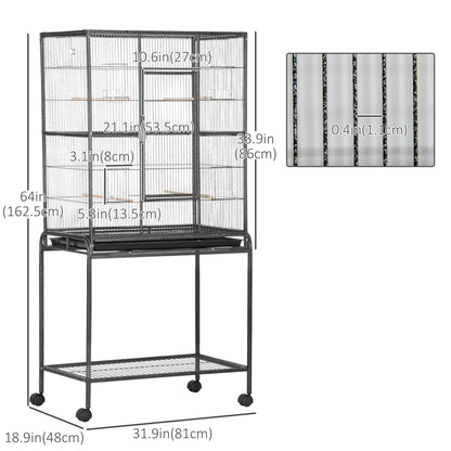 PawHut 30'' Large Rolling Metal Bird Cage Bird House with Detachable Rolling Stand, Storage Shelf, Wood Perch Food Container - Black