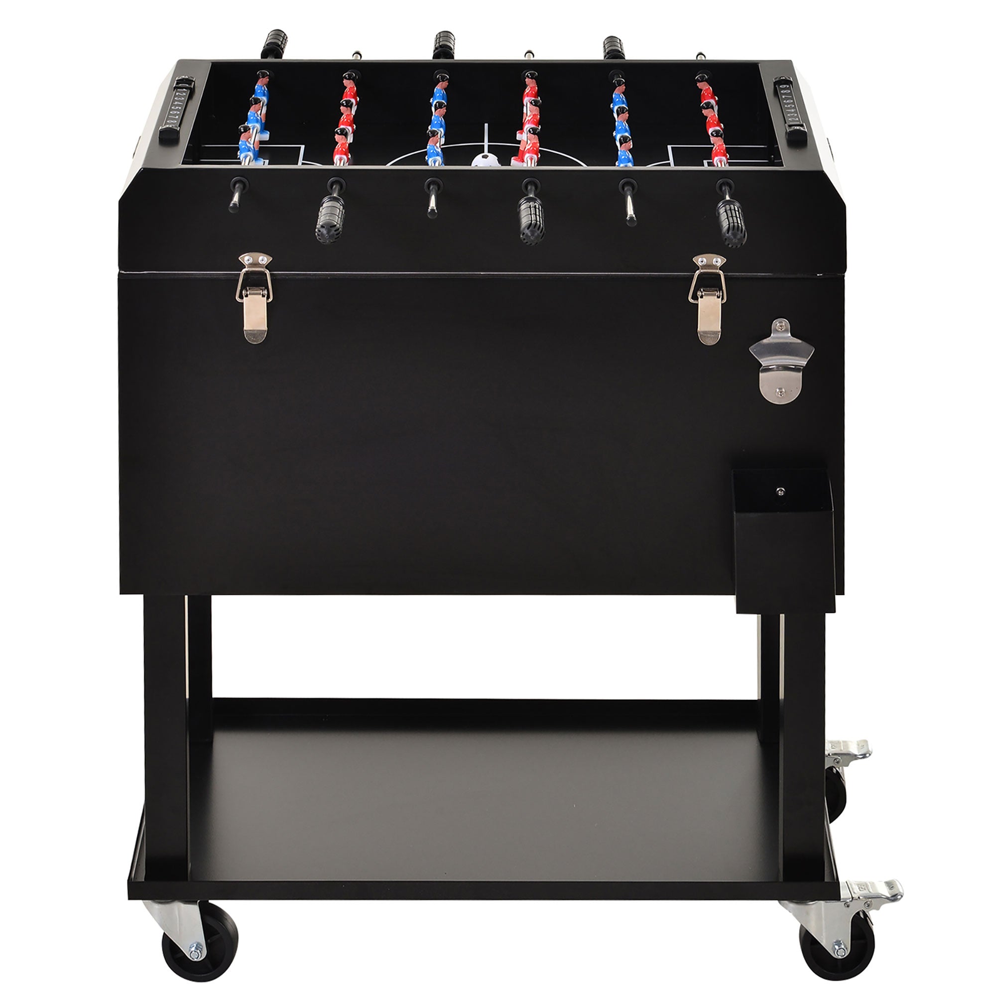 Outsunny 68QT Patio Cooler Ice Chest with Foosball Table Top, Portable Poolside Party Bar Cold Drink Rolling Cart on Wheels with Tray Shelf Black