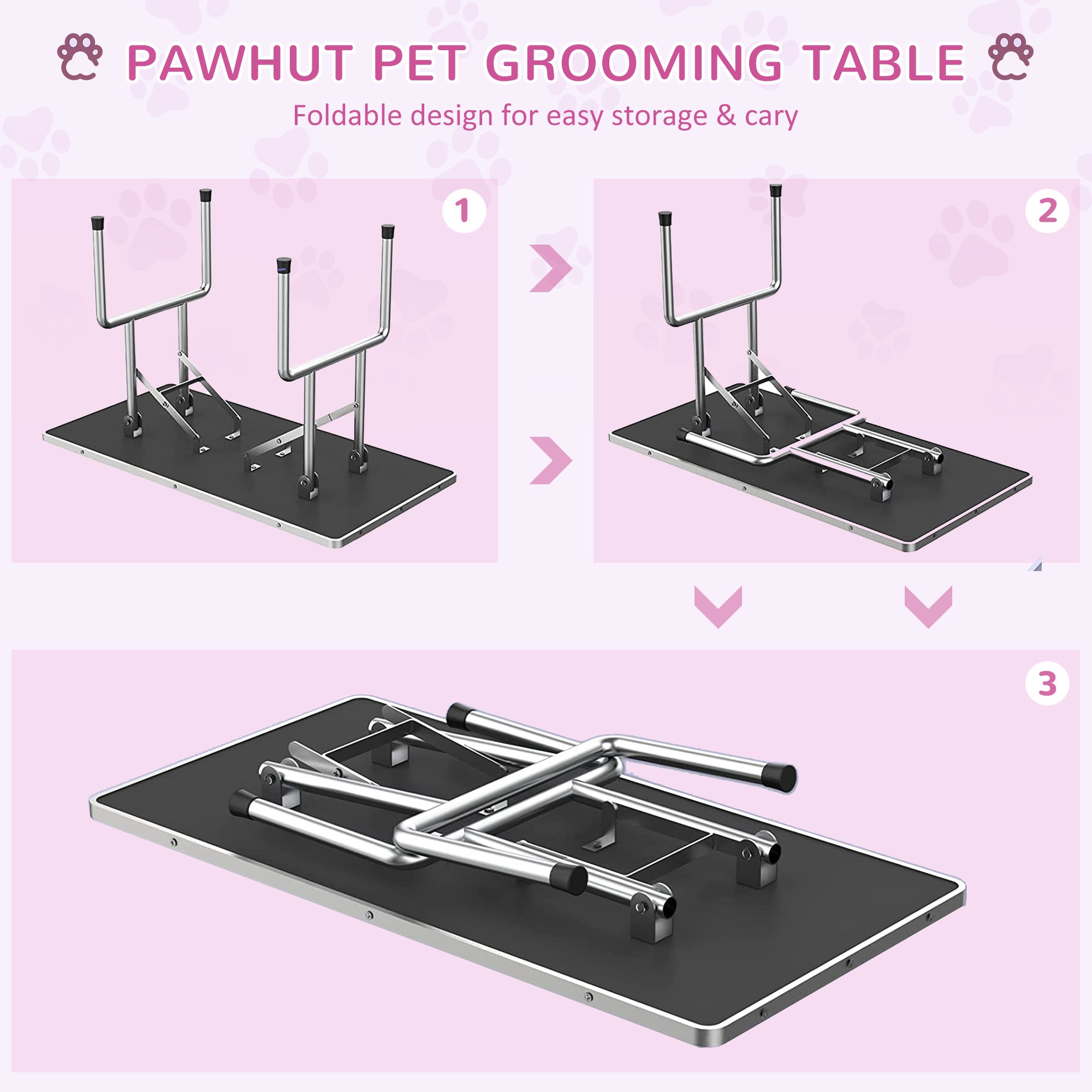 PawHut Foldable Grooming Table for Dogs with Height Adjustable Grooming Arm, Storage Shelf, Pink