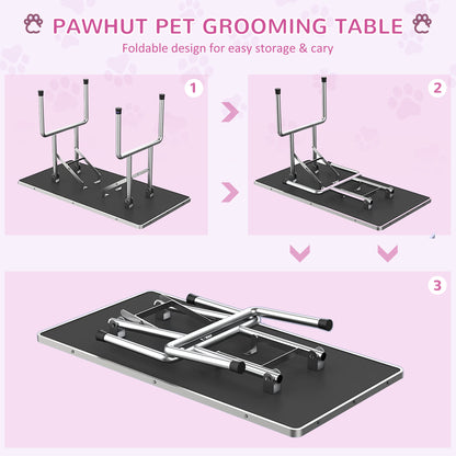 PawHut Foldable Grooming Table for Dogs with Height Adjustable Grooming Arm, Storage Shelf, Pink