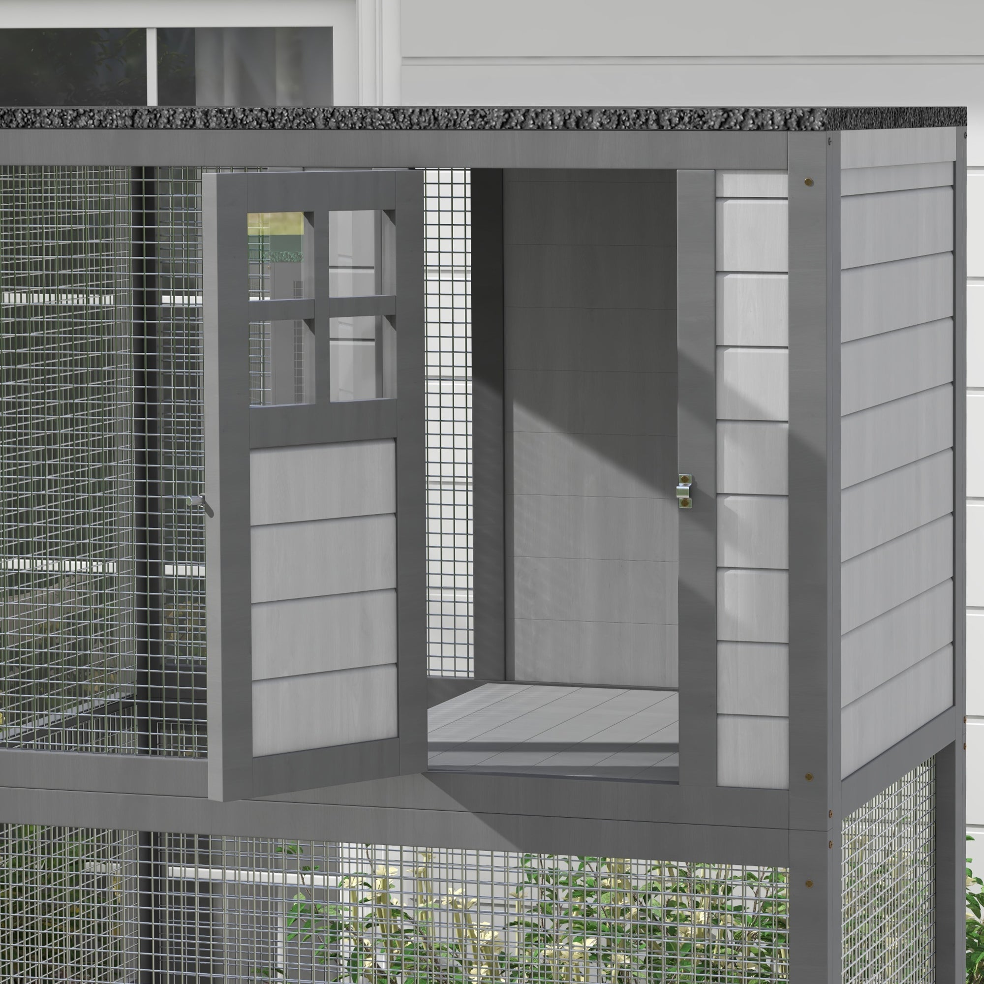 PawHut 74" Wooden Outdoor Cat House Weatherproof & Wheeled with High Weight Capacity, Kitten Cage Condo, Light Grey
