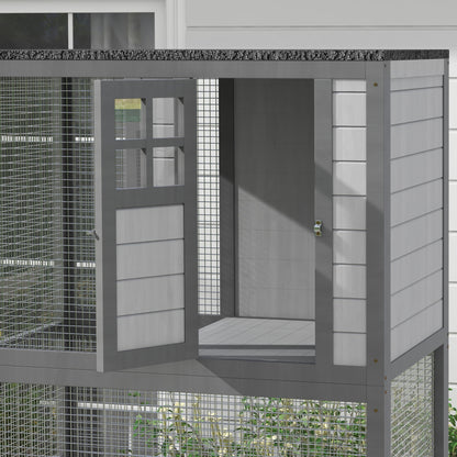 PawHut 74" Wooden Outdoor Cat House Weatherproof & Wheeled with High Weight Capacity, Kitten Cage Condo, Light Grey
