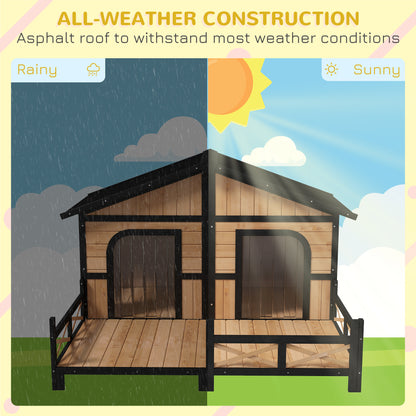 PawHut 59"x64"x39" Wood Dog House Outdoor Cabin-Style Elevated Pet Shelter with Porch Deck, Beige