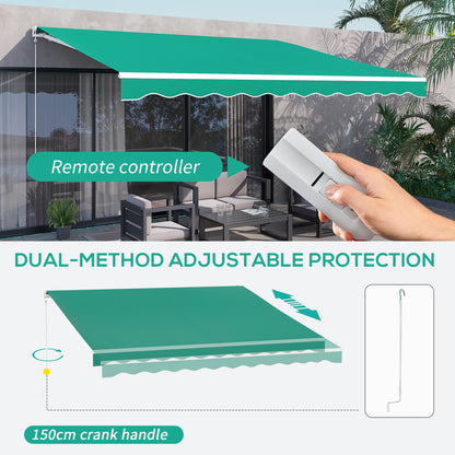 Outsunny 13' x 10' Electric Awning, Retractable Awning Sun Shade Shelter with Remote Controller, Manual Crank Handle and Aluminum Frame, for Deck, Balcony, Yard, Green