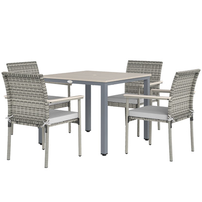 Outsunny 5 Pieces Wicker Outdoor Furniture Set, Rattan Patio Dining Set with Cushions, Umbrella Hole for Garden Backyard, Grey