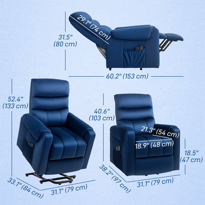 HOMCOM Lift Chair for Elderly, Massage Recliner Chair with 8 Vibration Points, Footrest, Remote Control, Side Pockets Dark Blue