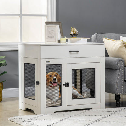 PawHut Dog Crate Furniture with Cushion, 2 Doors, Storage, Dog Kennel End Table for Small Medium Dogs, White
