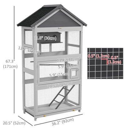 PawHut Wooden Bird Cage with Perches, Bird House, Ladder, Slide-Out Tray for Finches, Parakeets, Small Birds, Grey