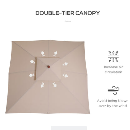 Outsunny 10x10ft Wood Square Patio Umbrella Garden Market Parasol Sunshade Canopy with 2 Pulley Pagoda Style, Khaki