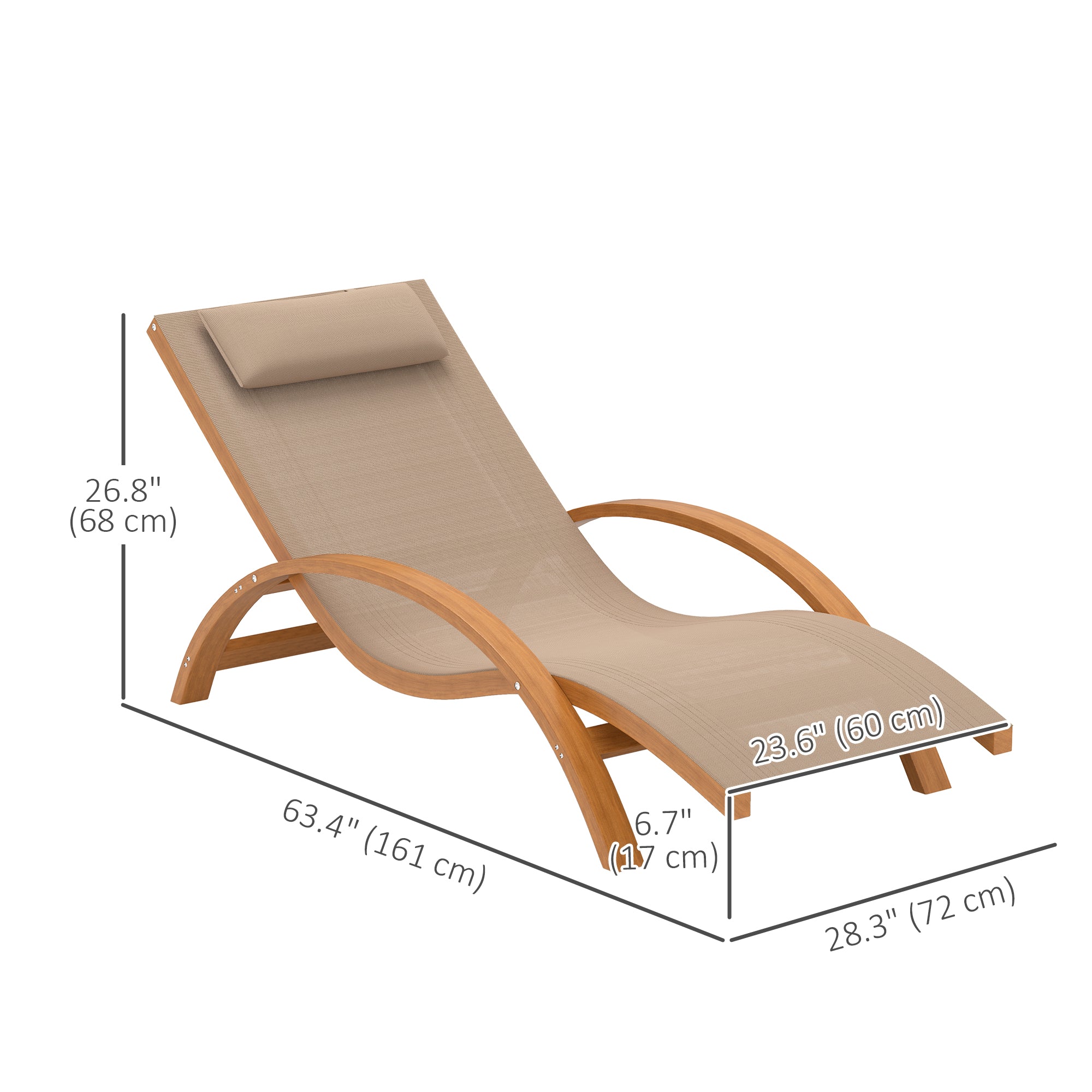 Outsunny Outdoor Wood Chaise Lounge Chair Recliner Patio Camping with Headrest, Teak & Light Khaki
