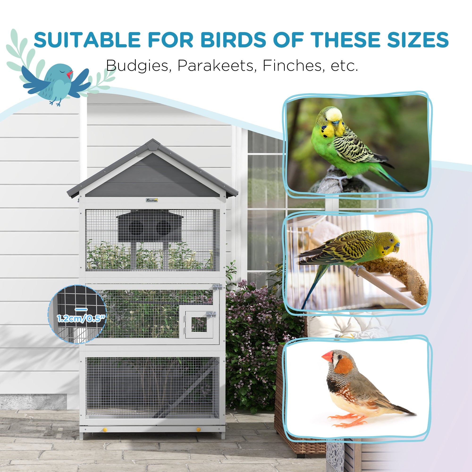 PawHut Wooden Bird Cage with Perches, Bird House, Ladder, Slide-Out Tray for Finches, Parakeets, Small Birds, Grey