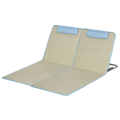 Outsunny Set of 2 Beach Lounge Chair, Folding Ground Beach Mat w/ Adjustable Back, Steel Frame, Head Pillow and Carry Bag, Beige