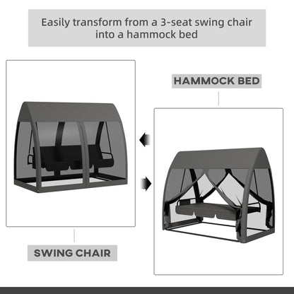 Outsunny 3-Seater Outdoor Swing Chair Chaise Lounger Bed Garden Hammock with Steel Stand, Canopy Netting Walls, Dark Grey