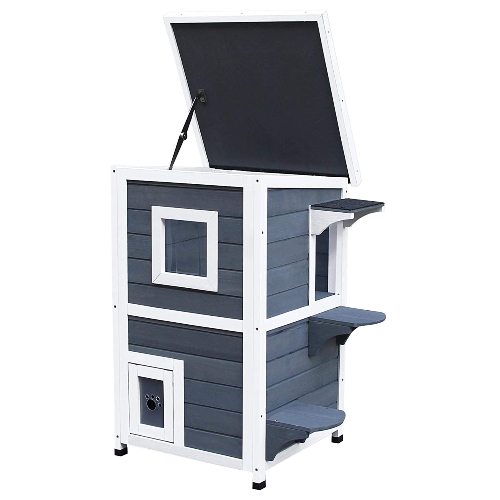 PawHut 2 Story Wooden Outdoor Cat House with Windows, Platforms, Openable Top, Asphalt Roof, Grey