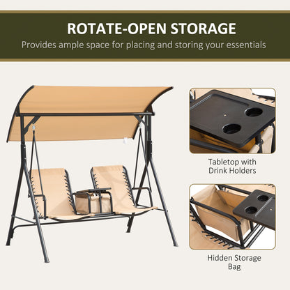 Outsunny 2 Person Covered Porch Swing Patio Swing with Pivot Storage Table, Cup Holder, & Adjustable Overhead Canopy, Beige