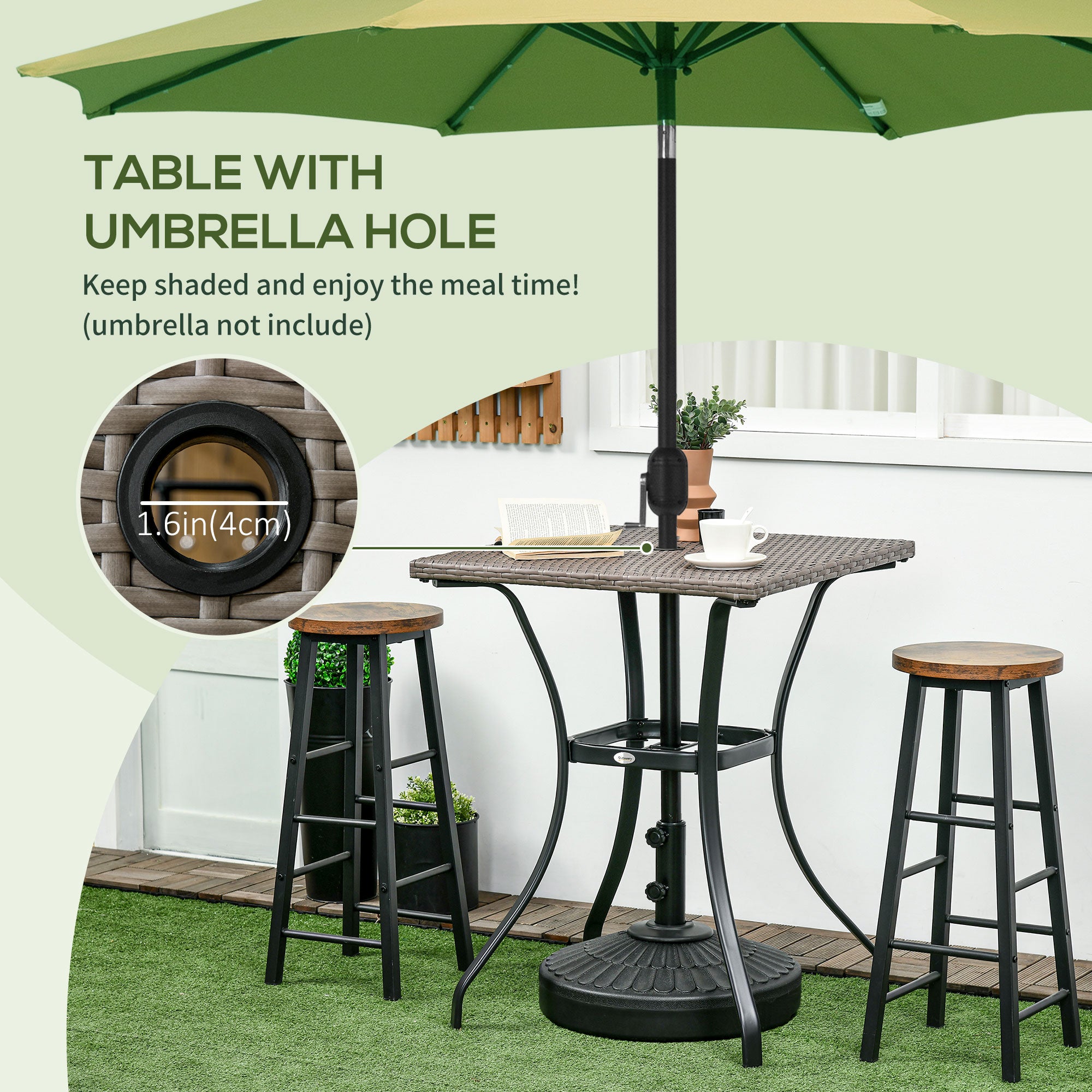 Outsunny Patio Wicker Dining Table with Umbrella Hole, 34 Inch Outdoor PE Rattan Coffee Table with Plastic Board Under the Woven Table Top for Patio, Garden, Balcony, Light Grey