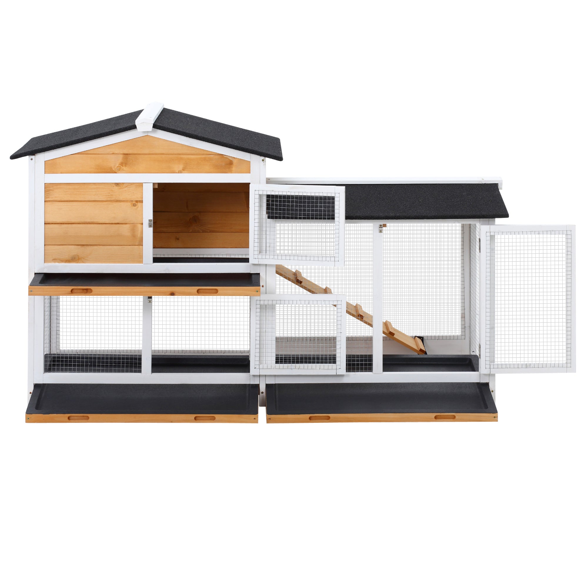 PawHut 2-tier Wood Rabbit Hutch Backyard Bunny Cage Small Animal House w/ Ramp and Outdoor Run, Yellow